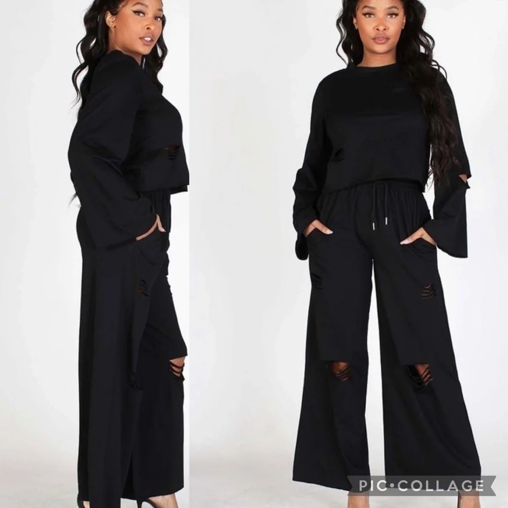 Black 2 Piece Slightly Distressed Pants & Top - Picture 3 of 5